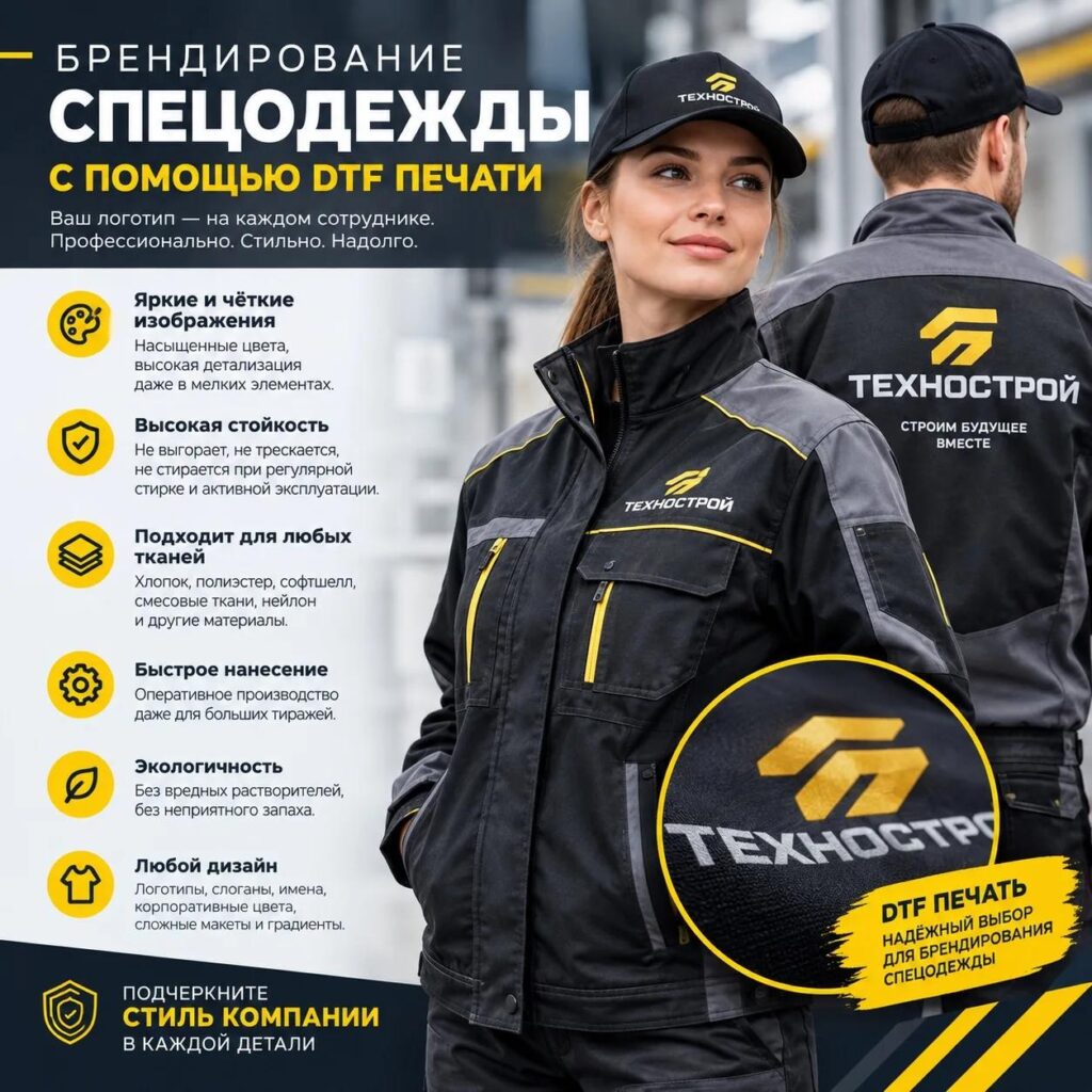 ДТФ печать на рабочей куртке — постер с преимуществами нанесения логотипа
